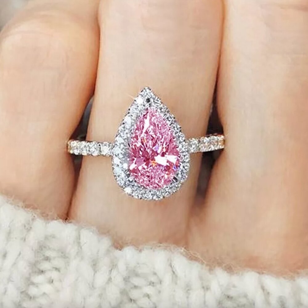 NEW 14K White Gold Pink Pear Shaped Teardrop Diamond Ring Band